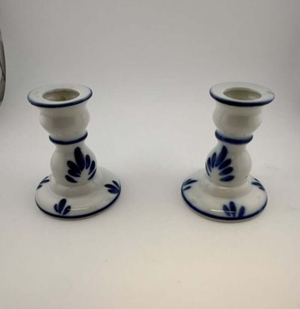 Vintage Blue and White Porcelain Candlestick Holders Set of Two Made in Japan